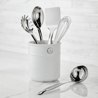 Hestan Provisions Chef's Tools, Deluxe Tool Set (6-Piece) with Porcelain Holder/Bain Marie & Stainless Steel: Solid Spoon, Ladle, Pasta Fork, Turner/Spatula, French Whisk