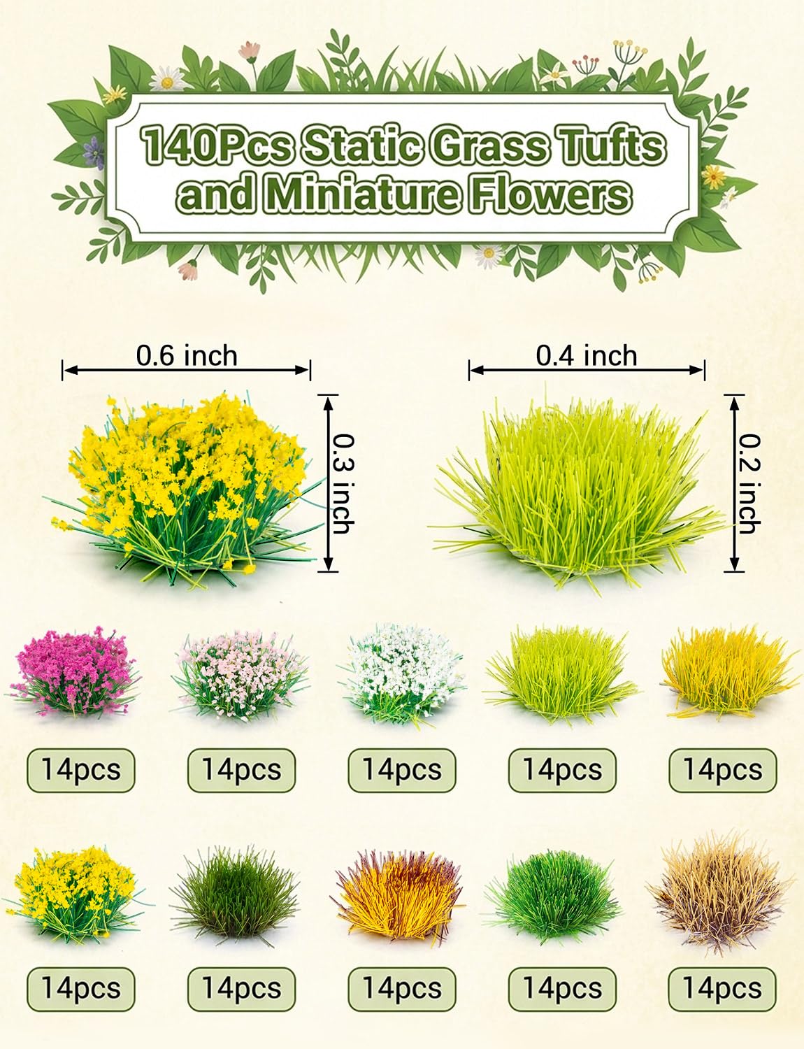 HFKPJRT 140 Pcs Static Grass Tufts & Miniature Flowers Cluster for Crafts, Diorama Supplies & Terrain Model Kit, Artificial Model Grass for Fairy Garden Accessories, Train Railroad Scenery