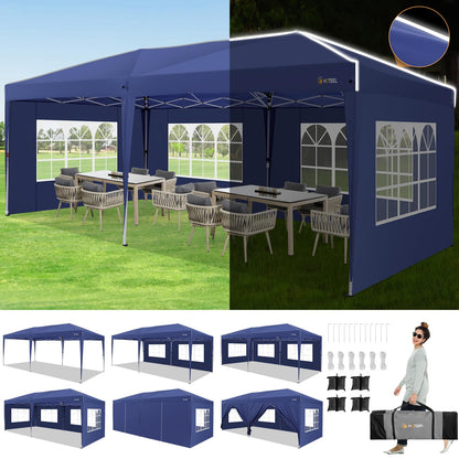 HOTEEL 10x20 Pop up Canopy Tent with Sidewalls, Outdoor Waterproof Tents for Parties with Center Lock, Sandbag, Easy Setup Event Tent Shelter with Reinforce Rod for Backyard, Camping, Market, Navy
