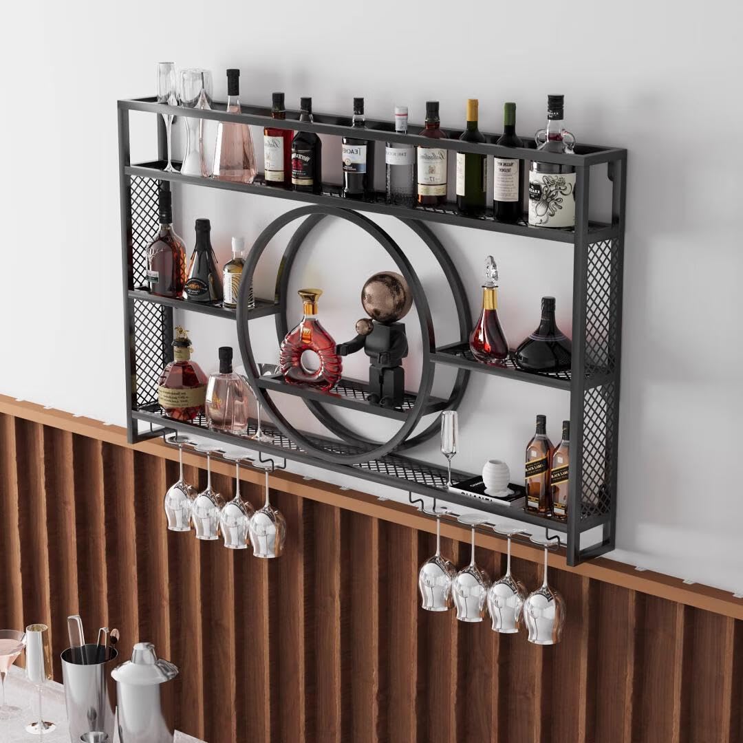 GWLQRTXV X3 55in Wine Rack with LED Lighting Wall Mounted Glass Holder, 3-Tiers Liquor Bottles Shelves Display Storage Organizer Hanging Long Stemware Goblet Metal for Home Mini Bar Cellar Black