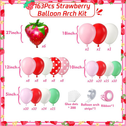 PTGOLUO Strawberry Balloons Garland Arch Kit 163pcs, Red and Pink Green Balloons for Sweet Girl Berry First Birthday Themed Baby Shower Valentine's Day Strawberry Party Decorations