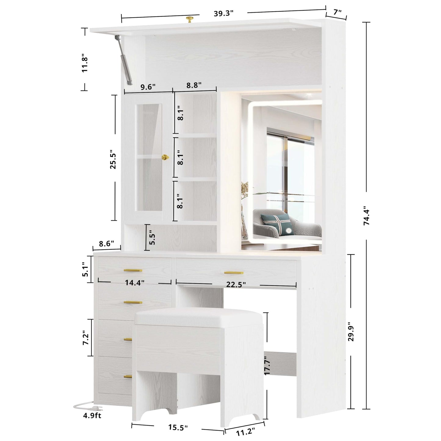IRONCK Vanity Desk with Lighted Mirror and 5 Drawers and Cabinet Shelves, 74.4" Height Makeup Table Set with Stool, Large Storage and Space Saving, White