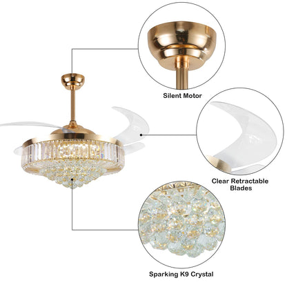 MOOONICHE 52 Inch Crystal Ceiling Fan with Light and Remote Modern Dimmable Fandelier Invisible Retractable Chandelier Fan Gold for Bedroom Living Room