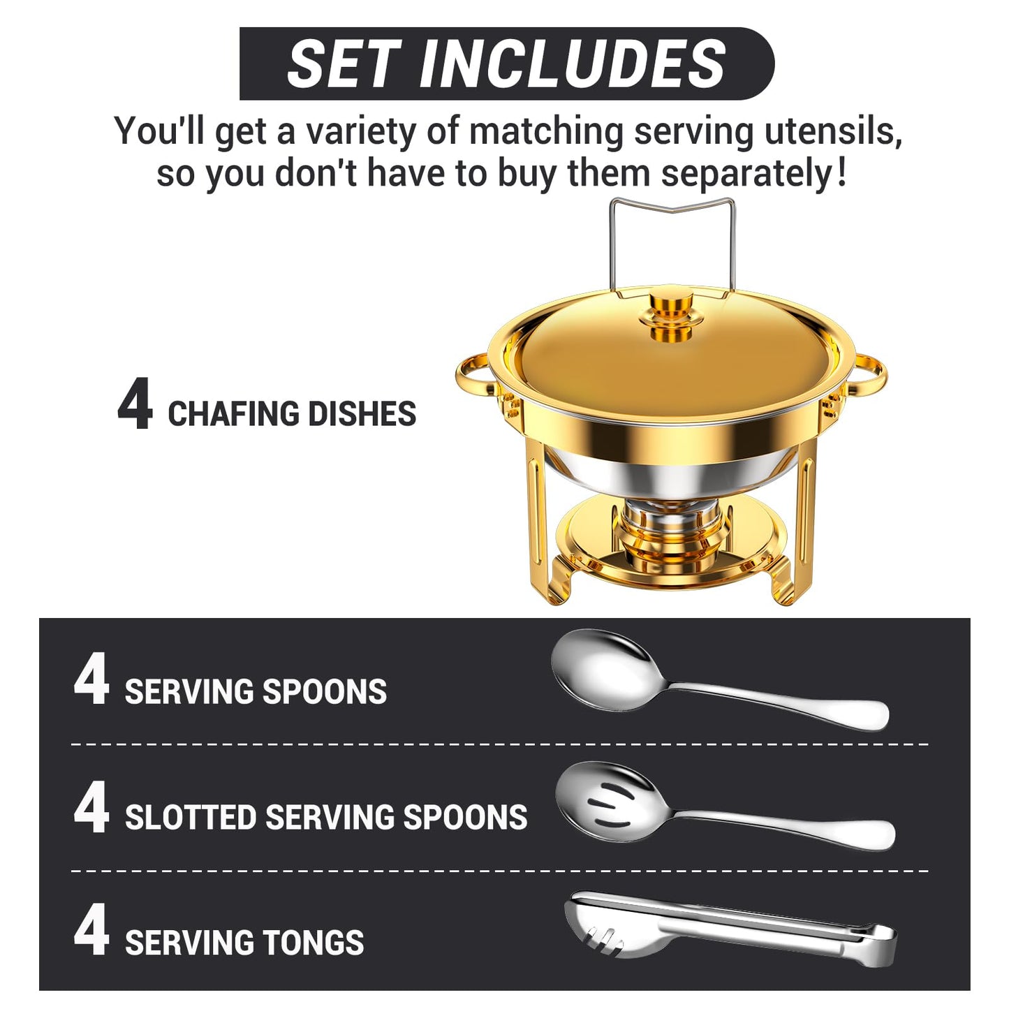 Keyoxy Round Chafing Dishes for Buffet 5 Qt,High Grade Chafing Dish Buffet Set with Stainless Steel Lid & Lid Holder,Full Size Pan,Food Warmers for Parties,Buffet,Wedding, Birthday 4 Pack (Gold)