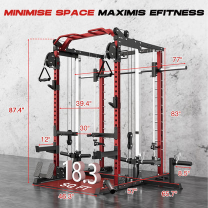 Roygym Power Cage Home Gym, Dual Pulley Cable Crossover System, All-in-One Squat Power Rack with Strength Training Attachments for Full-Body Workouts