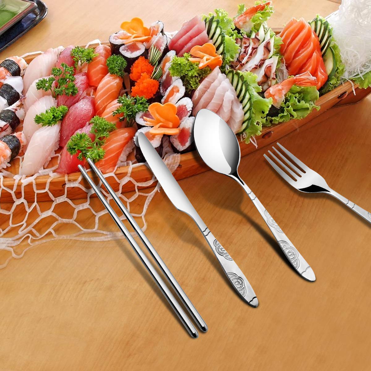 Arroyner 6 Pack Reusable Flatware Sets Knife, Fork, Spoon, Chopsticks, 24Pcs Portable Travel Stainless Steel Tableware Dinnerware with Carrying Case