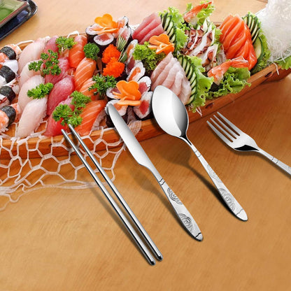 Arroyner 6 Pack Reusable Flatware Sets Knife, Fork, Spoon, Chopsticks, 24Pcs Portable Travel Stainless Steel Tableware Dinnerware with Carrying Case