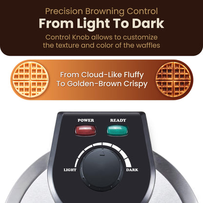 Elite Gourmet Belgian Waffle Maker with PFAS-Free CeramiCrisp™ Ceramic Nonstick Plates, Adjustable Browning Control, 1100W Heating, Power & Ready Indicator Lights, Vertical Storage, Stainless Steel