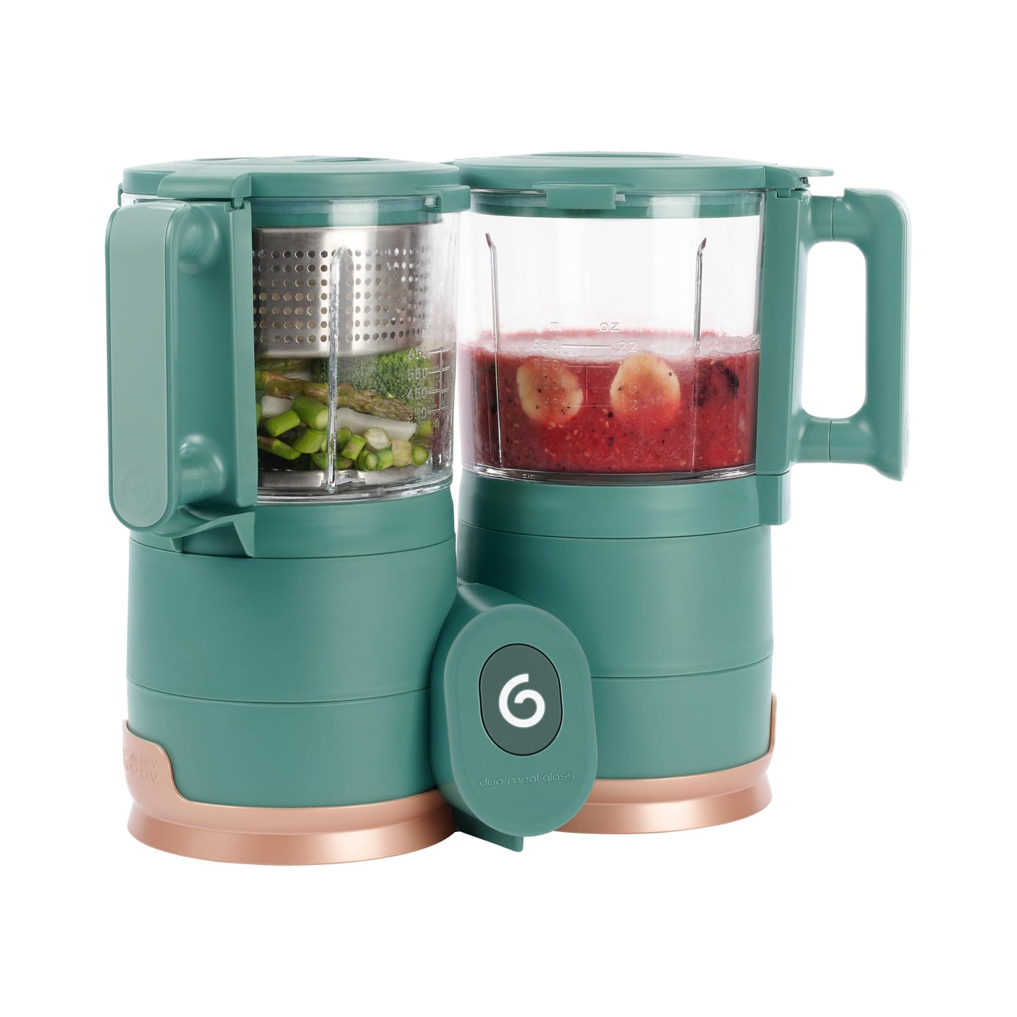 Babymoov Duo Meal Glass Food Maker - Baby Food Processor with Built-in Glass Steamer, Stainless Steel Basket, and Glass Blender (Over 6 Cup Capacity), Dark green