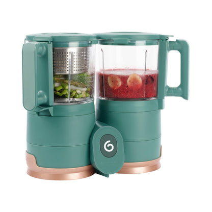 Babymoov Duo Meal Glass Food Maker - Baby Food Processor with Built-in Glass Steamer, Stainless Steel Basket, and Glass Blender (Over 6 Cup Capacity), Dark green