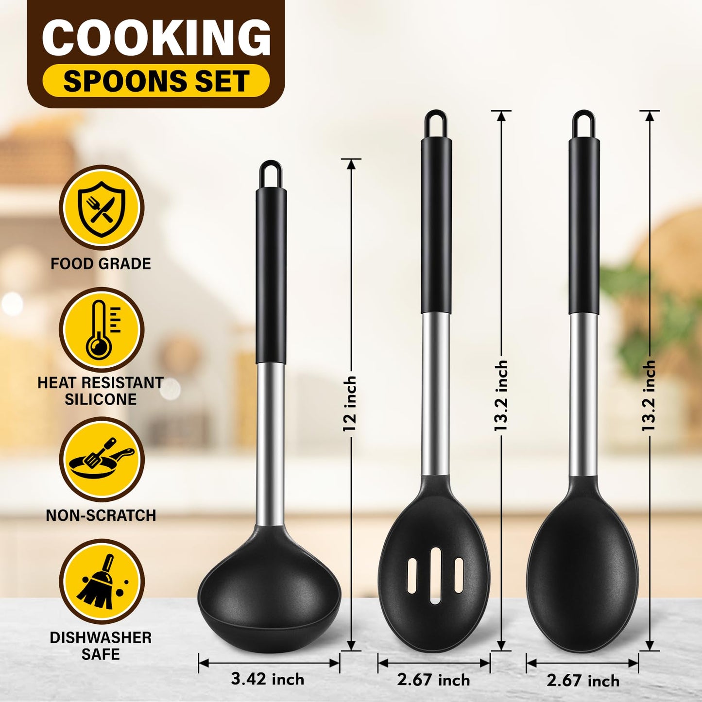 3 Pcs Silicone Cooking Spoon Set, Kitchen Utensils Include Solid & Slotted Spoon, Soup Ladle, Food-Grade Heat Resistant, Non-Scratch Spoons for Serving, Stirring, Draining, Dishwasher Safe, Black