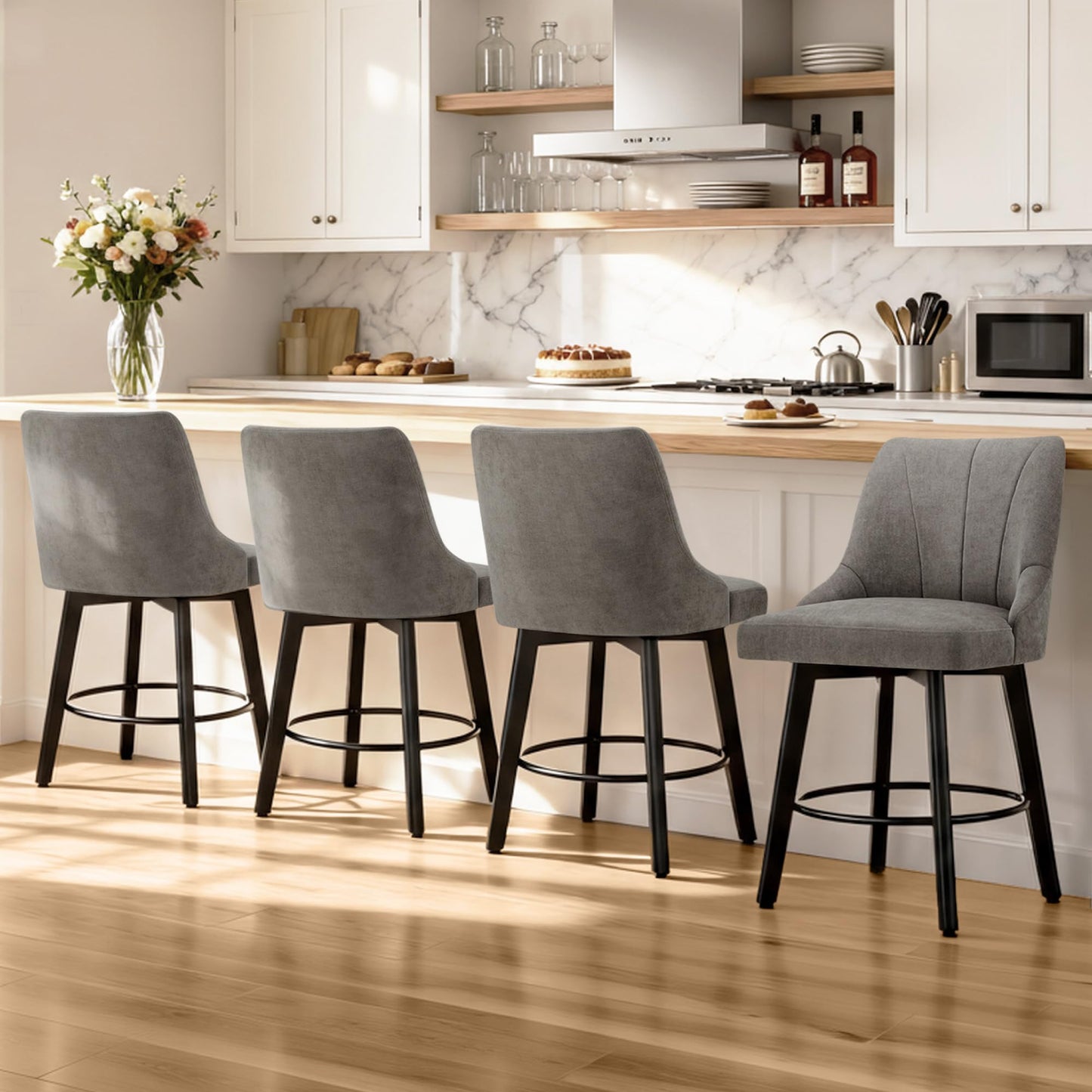 24" Counter Height Bar Stools Set of 4, Swivel Bar Stools with Backs, Fabric Upholstered Counter Barstools with Solid Wood Legs for Kitchen Island,Grey