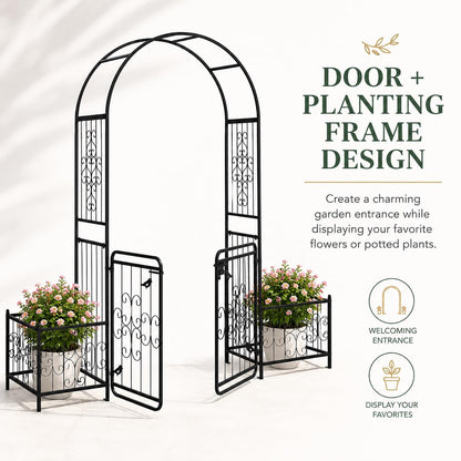ELOMBR 7.2FT Metal Garden Arch Trellis, Heavy Duty Metal Garden Arbor with Door&Planting Frame for Climbing Plants Outdoor, Double-Layered Trellis Arch for Wedding Ceremony Party, Black, 16mm