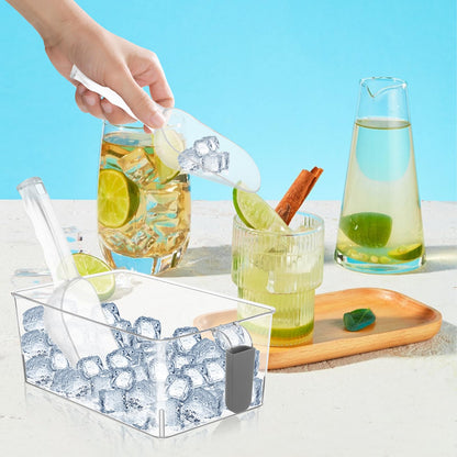 2 Set Ice Storage Bins for Freezer with Lid and Flexible Scoop, Transparent Plastic Ice Container with Pull-Out Handle Kitchen Food Storage Organizer for Home Office Fridge Kitchen