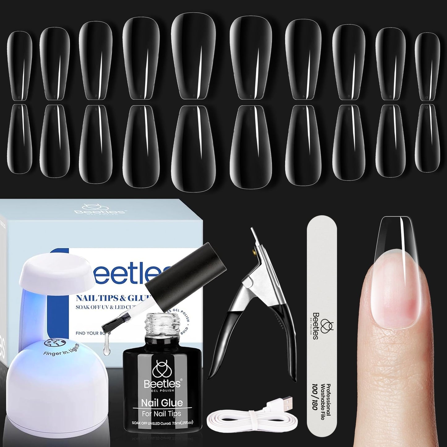 Beetles Gel Nail Extension Kit Almond Shape, Easy 9 in 1 Glue Uv Led Set Etch X Nail Tips Short Almond Half Matte Tips, Gift for Women & Girls, 504 pcs