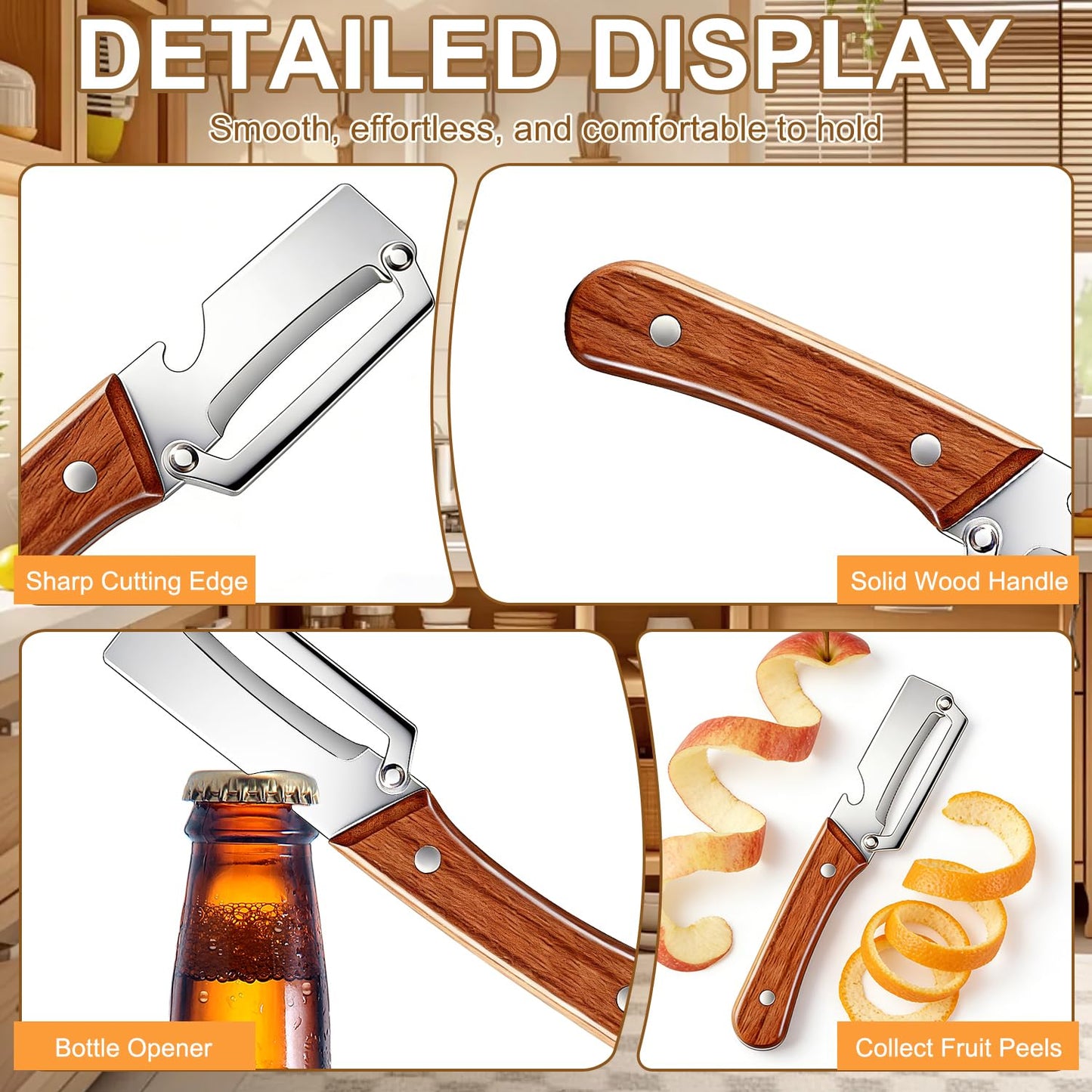 Multi-Functional Vegetable Peeler for Kitchen, 2 in 1 Stainless Steel Vegetable Peeler with Wooden Handle and Bottle Opener,Kitchen Tool for Fruit Apple Potato Carrot Pumpkin Papaya (2pcs)