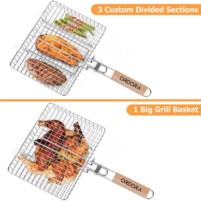 ORDORA Grill Basket, Fish Griling Rack, Rustproof Stainless Steel BBQ Grilling Basket for Meat,Steak etc, Grill Accessories,Grilling Gifts for Men Dad