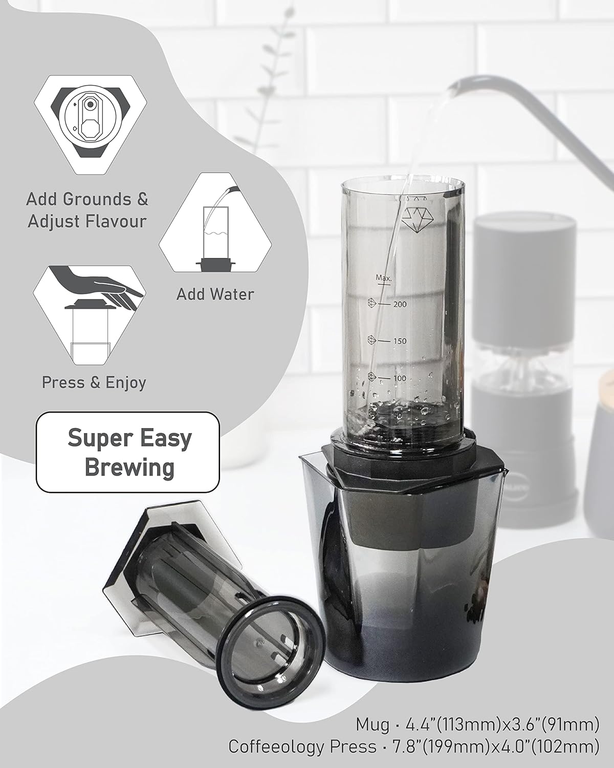 COFFEEOLOGY PRESS, Portable Coffee Maker with Chamber, Plunger, Reusable Filters, Mild and Bold Settings