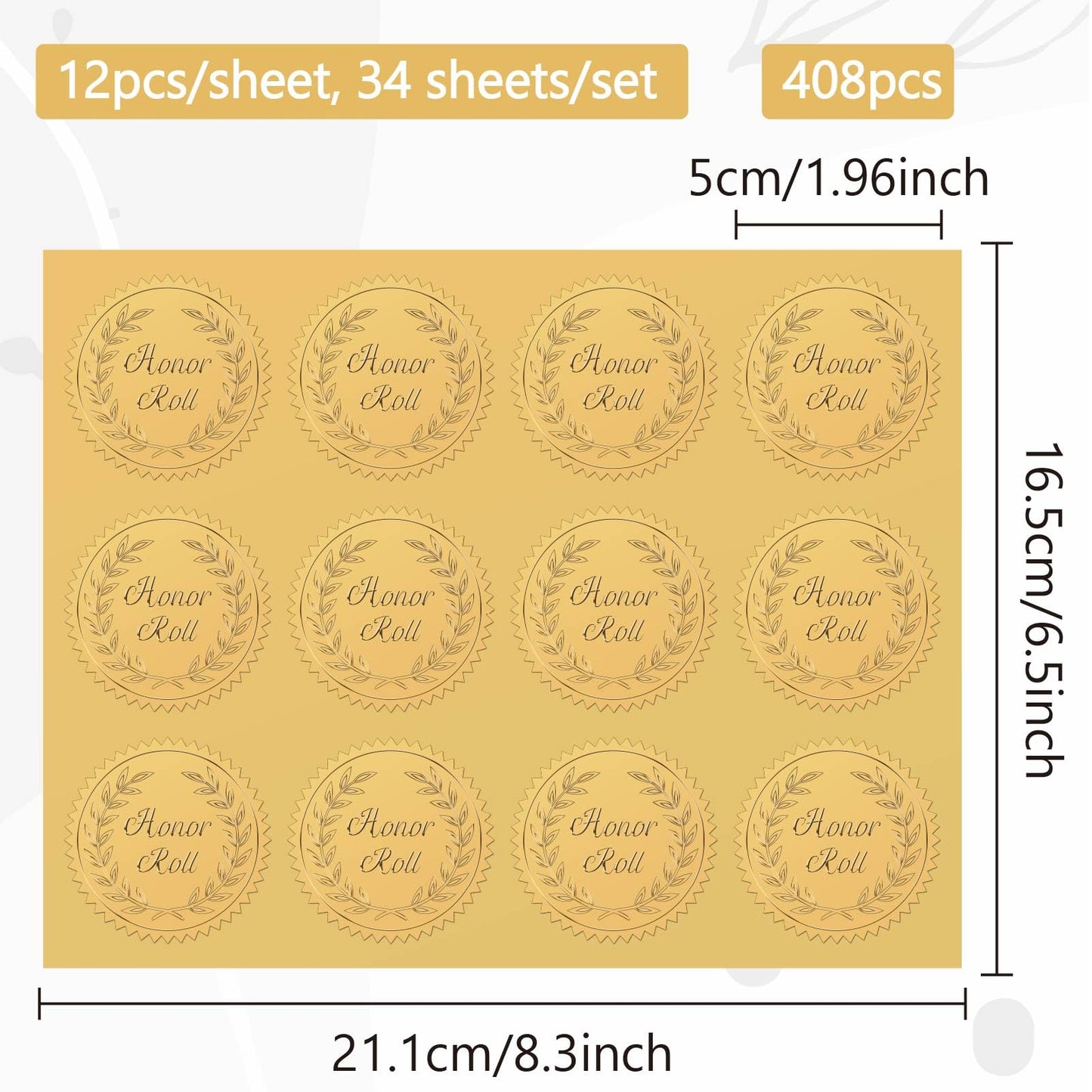 CRASPIRE 408pcs 2 Inch Honor Roll Gold Foil Stickers Word Gold Embossed Gold Certificate Seals Self Adhesive Waterproof Round Dot Medal Decoration Label for Gift Packaging Envelope Card Seal