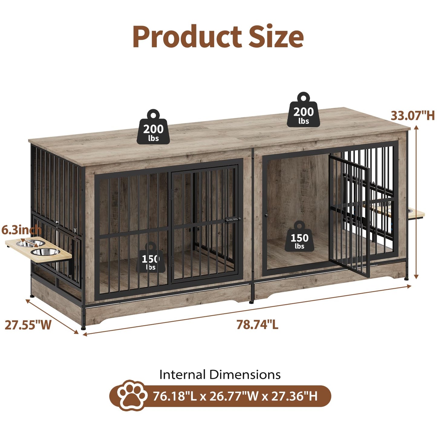 Rovibek 78 Double Dog Crate Furniture for 2 Large Dogs Indoor, Wooden Furniture Dog Crates with Dog Bowl, Dog Kennel Furniture TV Stand Large Breed Grey