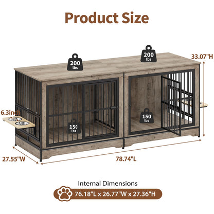 Rovibek 78 Double Dog Crate Furniture for 2 Large Dogs Indoor, Wooden Furniture Dog Crates with Dog Bowl, Dog Kennel Furniture TV Stand Large Breed Grey