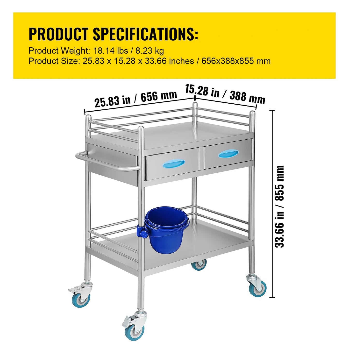 Happybuy 2-Tier Stainless Steel Medical Serving Cart, Utility Rolling Cart with Drawers, Lockable Wheels, Perfect for Laboratories, Hospitals, and Dental Clinics