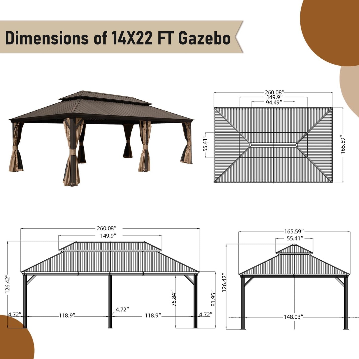 GOWE 14x22FT Hardtop Gazebo, Outdoor Gazebo with Galvanized Steel Double Roof, Aluminum Frame, Built-in Gutter System, Curtain and Netting, Metal Gazebo Pavilion for Patio Deck Garden, Brown