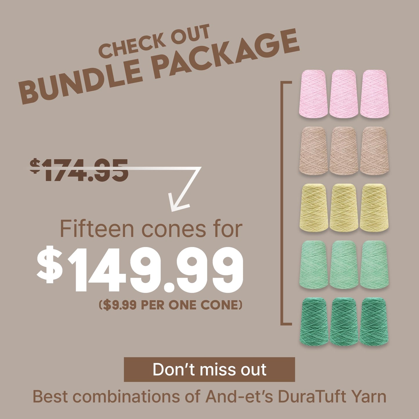 And-et DuraTuft Yarn 45 Vibrant Colors Tufting Nylon Yarn Pack - Ideal for Crochet, Craft Projects -100% B.C.F. - 3 Cones x 1.66lbs -180yards -Perfect for Rug Weaving and Knitting (06 Red)