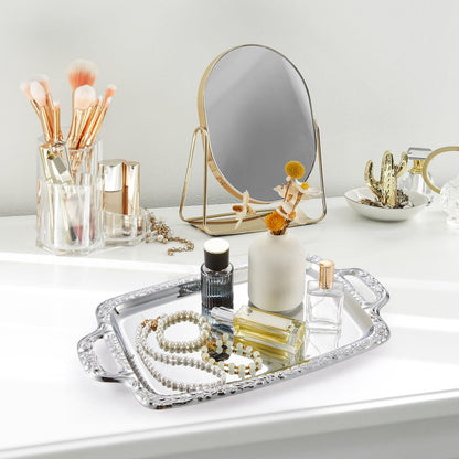 Tiangrid 2 Pcs Silver Serving Tray Elegant Floral Metal Plate Silver Platter for Buffet Wedding Party Jewelry Decorative (Oblong with Handle)