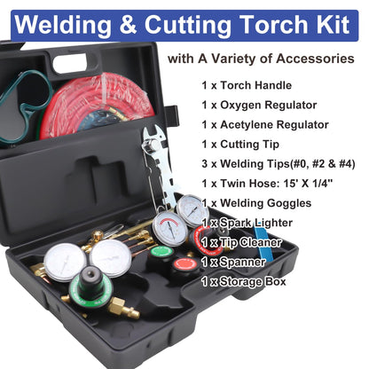 Oxy Acetylene Torch Kit, Gas Cutting Torch Welding Kit with Cutting & Welding Nozzle Gas Regulator & Oxygen Acetylene Gas Hose，Medium Duty Oxygen Acetylene Torch Kit Welder Tool Set