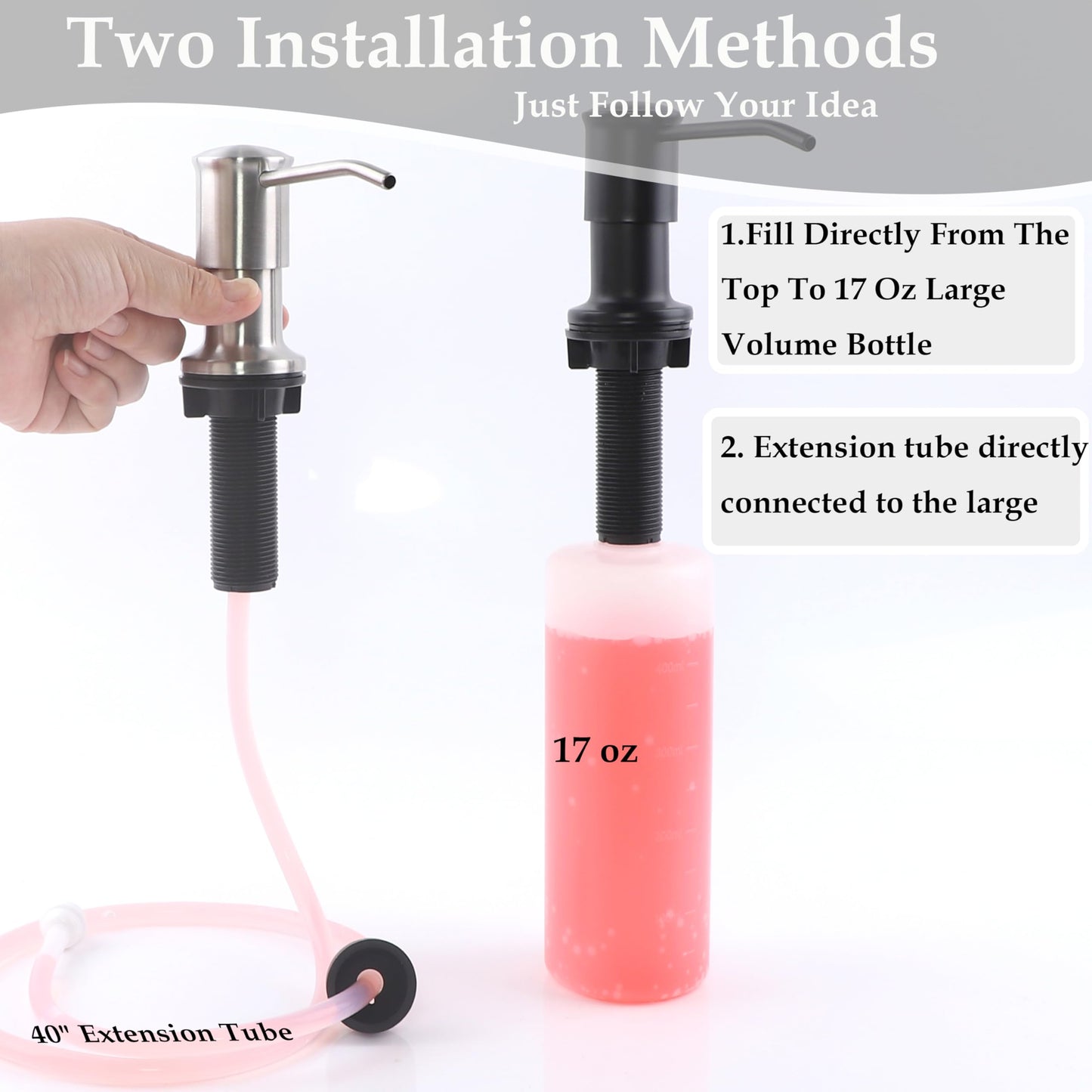 Sink Soap Dispenser Pump Black Built in Kitchen Counter Dish Soap Dispenser with 41" Extension Tube/17 Oz Bottle for Bathroom Under Sink Hand Soap Lotion Pump