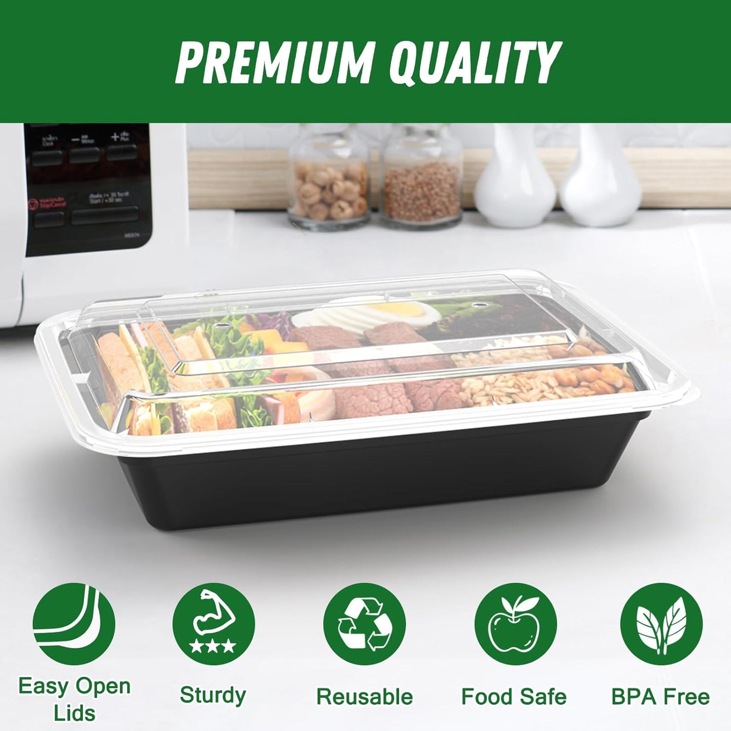 Regine Switzerland 32 oz Meal Prep Containers - 50 Pack Reusable, Leakproof, Microwave & Dishwasher Safe | Black