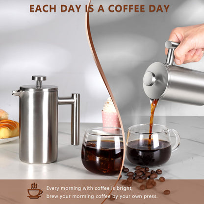 SZHETEFU French Press 34 OZ, Durable Stainless Steel French Press Coffee Maker, Double-Wall Insulated Coffee Presses for Travel Camping Tea, Easy to Use, Dishwasher Safe (Silver Matte)