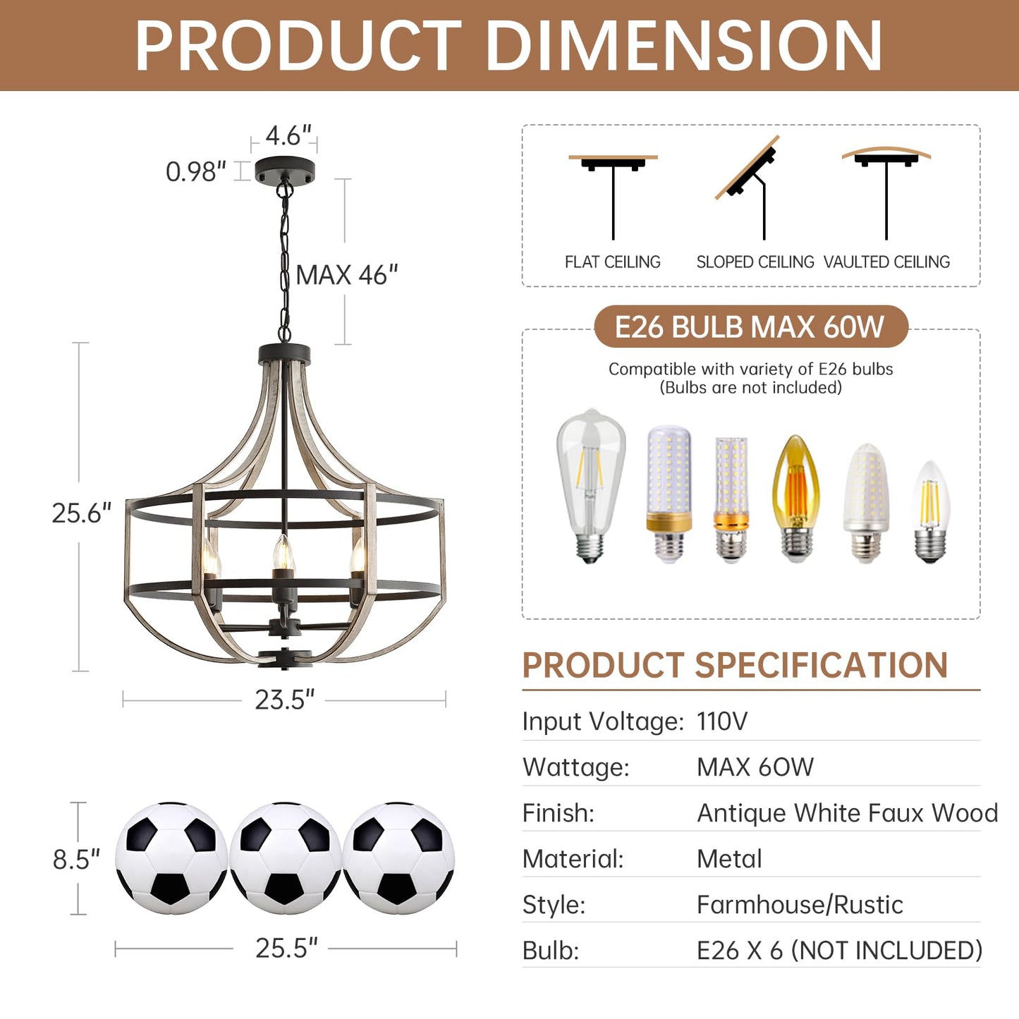 23.6" Farmhouse Chandelier for Dining Room, 6-Light Distressed White Faux Wood Pendant Light Fixtures, Antique Vintage Foyer Chandelier for Entryway Kitchen Island Living Room