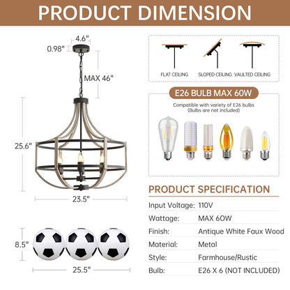 23.6" Farmhouse Chandelier for Dining Room, 6-Light Distressed White Faux Wood Pendant Light Fixtures, Antique Vintage Foyer Chandelier for Entryway Kitchen Island Living Room