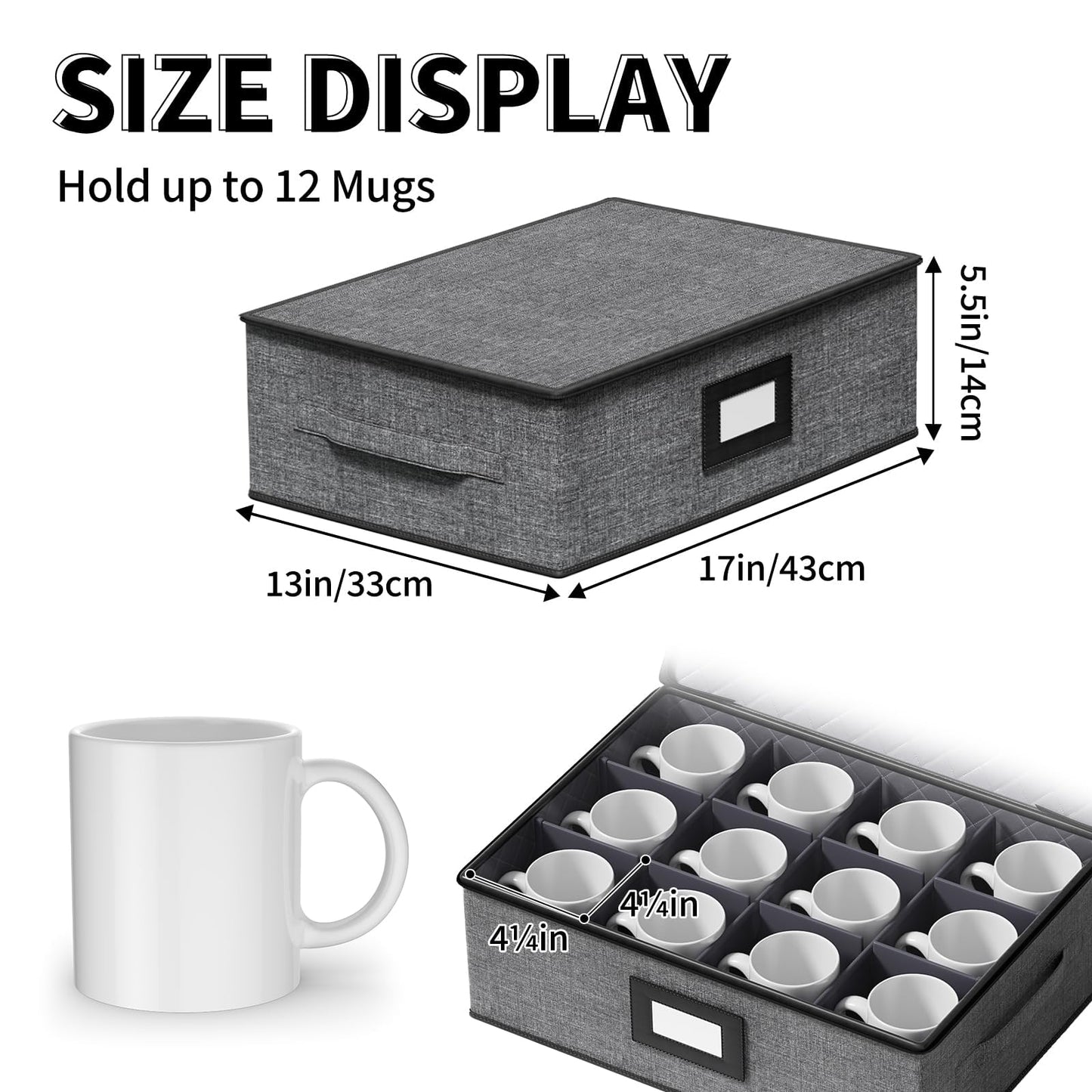 Aokeyee 2-Pack Cup & Mug Storage Box with Dividers, Hard Shell Organizer with Lid, Handles, Zippers & Label Slot, Holds 24 Mugs, Teacups & Glasses, Stackable Containerfor Moving & Protection, Grey