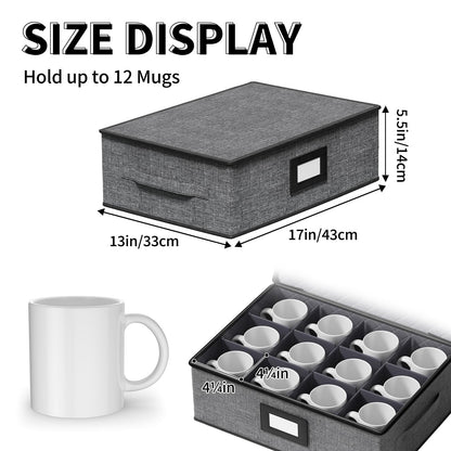 Aokeyee 2-Pack Cup & Mug Storage Box with Dividers, Hard Shell Organizer with Lid, Handles, Zippers & Label Slot, Holds 24 Mugs, Teacups & Glasses, Stackable Containerfor Moving & Protection, Grey