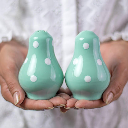 City to Cottage Ceramic Salt and Pepper Shakers Set - Handcrafted Turquoise Blue Polka Dot Spice Shakers