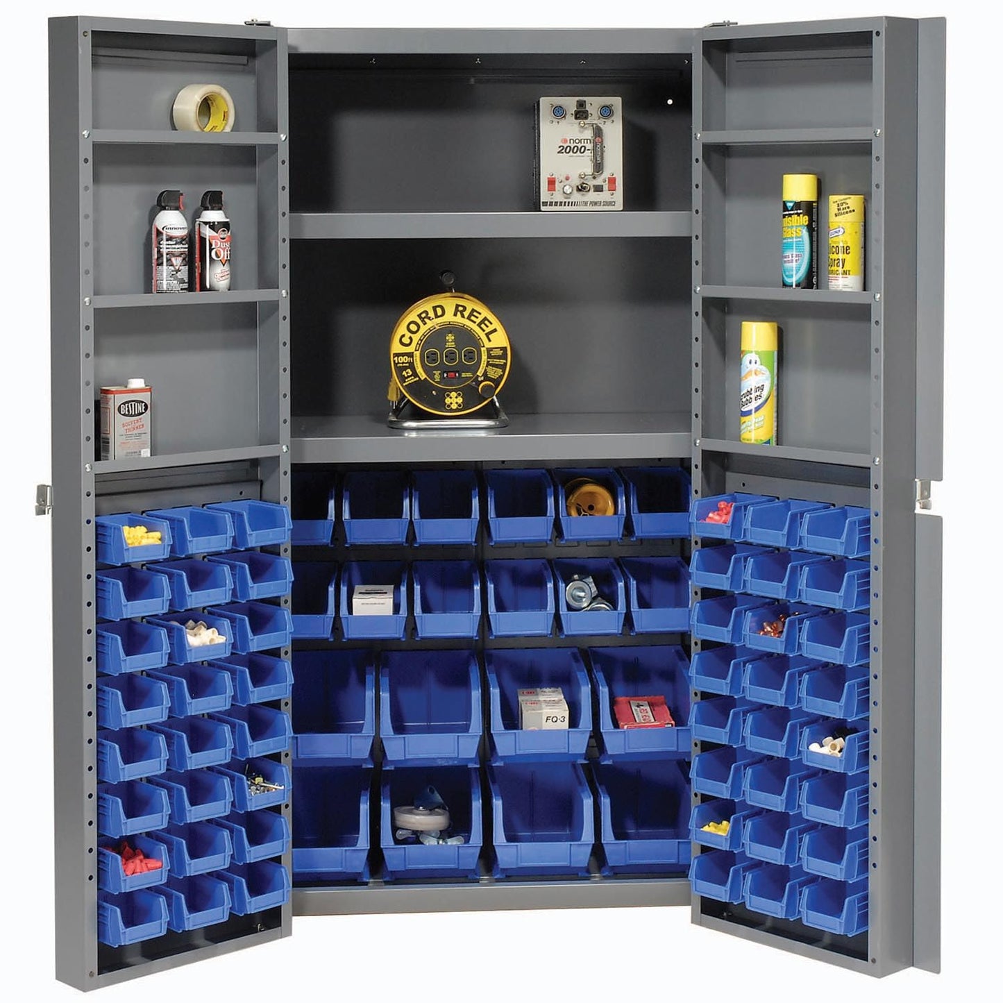 Global Industrial Deep Door Bin Cabinet, Includes 68 Blue Plastic Bins, Padlockable Steel Cabinet, 38" W x 24" D x 72" H, for Tool and Parts Storage, Assembly Required