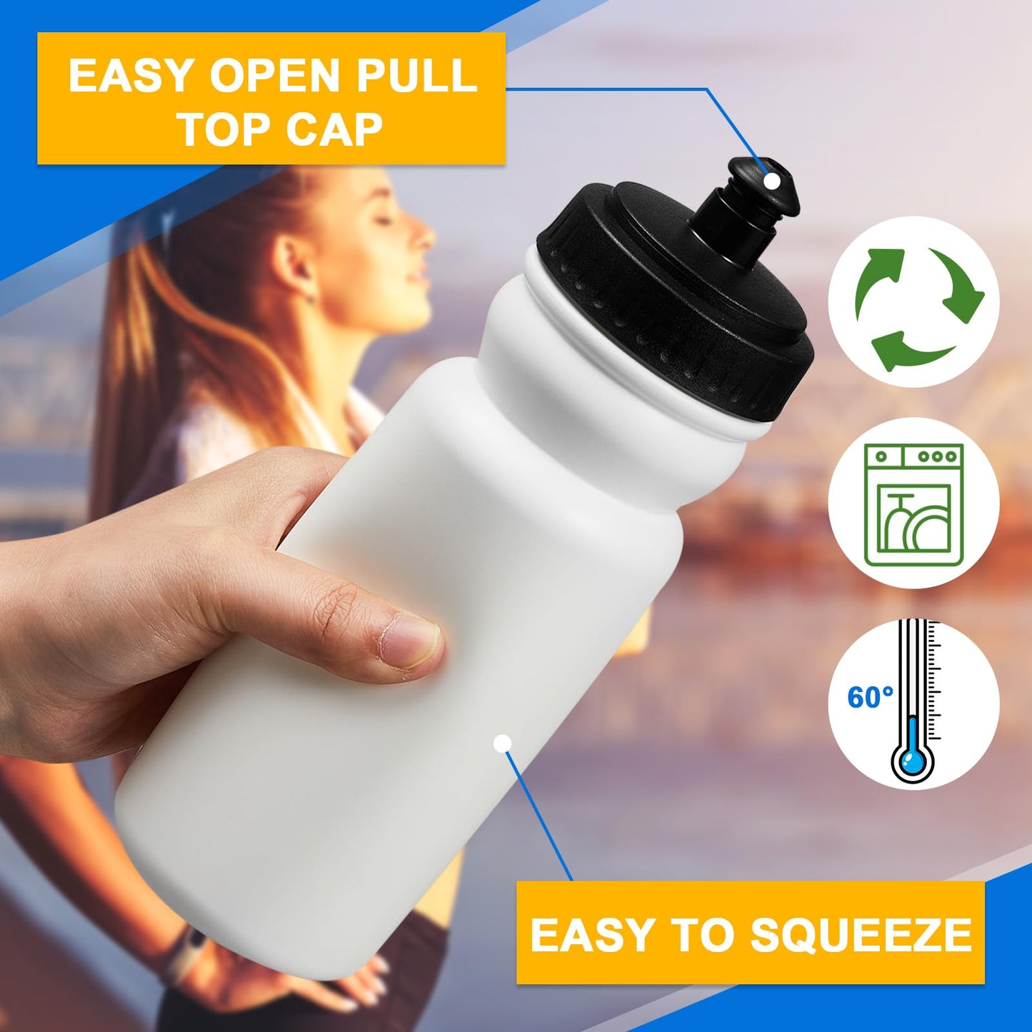 Suclain 50 Pieces Sports Water Bottles 20 oz Water Bottles Squeeze in Bulk Reusable Plastic Water Bottles BPA Free Blank Water Bottles for Major Sporting Events Adults(Black-White)