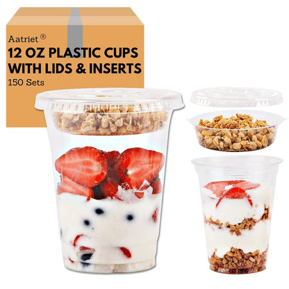 Aatriet [150 SETS 12 oz Clear Plastic Parfait Cups with Insert 3.25oz & Flat Lids No Hole, Yogurt Fruit Parfait Cups for Kids, for Dips and Veggies, Take Away Breakfast and Snacks. No Leaking