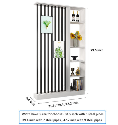 Wall Room Divider with Storage Shelves, Modern Freestanding Room Divider Screen, Open Room Wood Partition for Home & Office Decor (Grey + Black, 39.5" L x 9.5" W x 79.5" H)