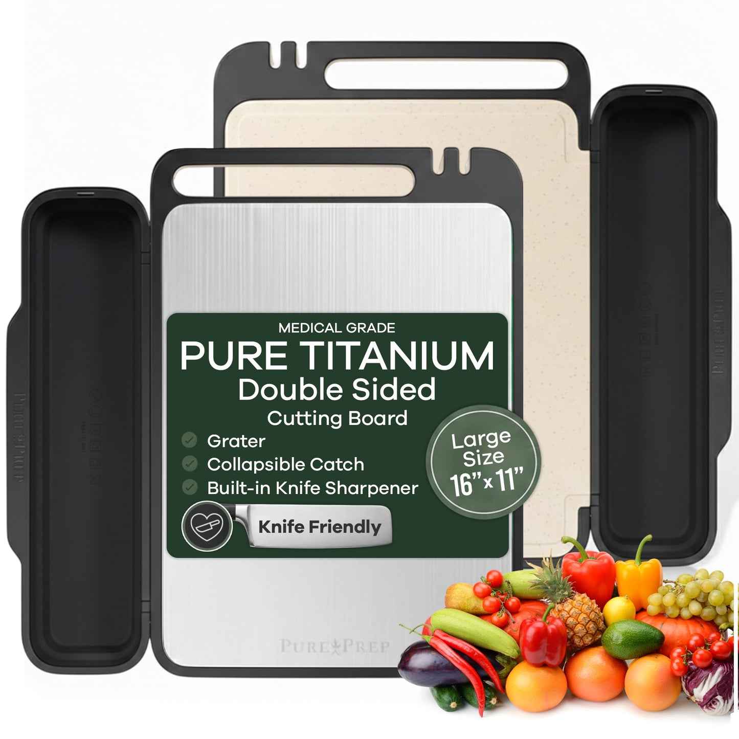 PURE-PREP Titanium Cutting Boards for Kitchen - Titanium Cutting Board Set for Kitchen Use - Metal Chopping Board with Collapsible Catch, Grater, Knife Sharpener, Double-Sided Design - Large 16”x11”