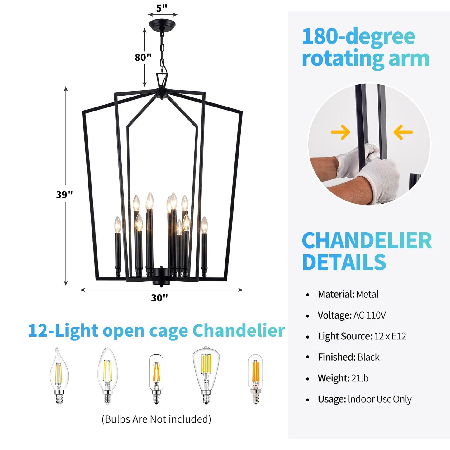 Vezzio 12-Light Large Black Chandelier, D30 Inch Modern Industrial Farmhouse Lantern Pendant Light for High Ceiling Entryway, Foyer, Dining Room，Kitchen Island，Hallway，Staircase