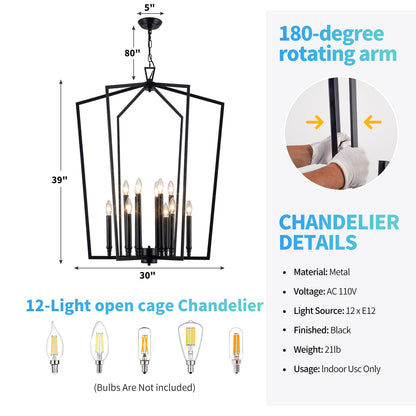 Vezzio 12-Light Large Black Chandelier, D30 Inch Modern Industrial Farmhouse Lantern Pendant Light for High Ceiling Entryway, Foyer, Dining Room，Kitchen Island，Hallway，Staircase