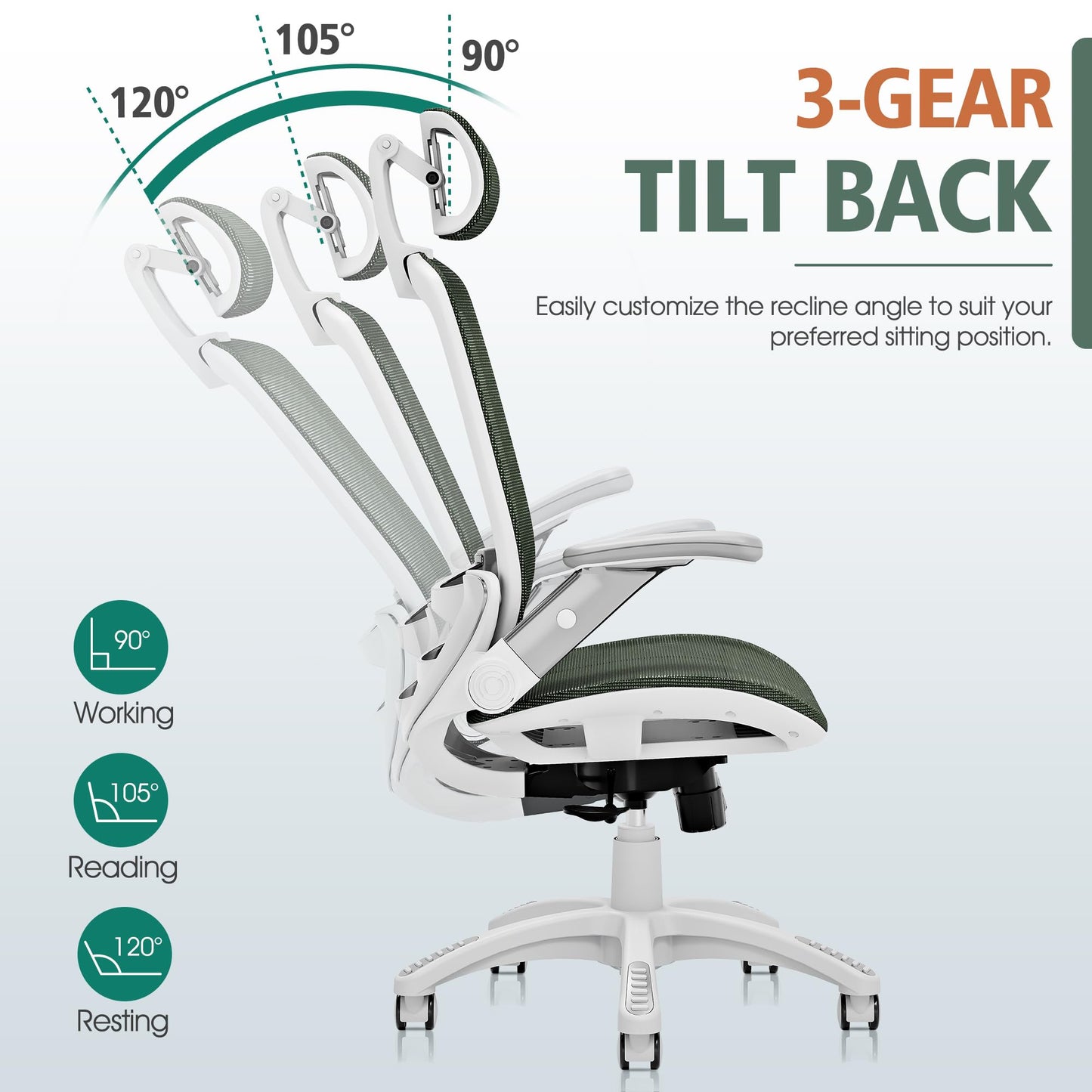 GABRYLLY Ergonomic Office Chair, High Back Home Desk Chair with Headrest, Flip-Up Arms, 90-120° Tilt Lock and Wide Cushion, 300LBS Mesh Chairs for Man Woman, White Task Chair(Olive Green,GY01WOG)
