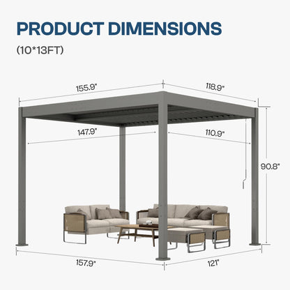 Patio Kingdom 10' x 13' Louvered Pergola Outdoor Aluminum Pergola Kit with Adjustable Roof, All-Weather Metal Gazebo with Drainage System for Patio, Deck, Garden and Backyard Shade, Gray