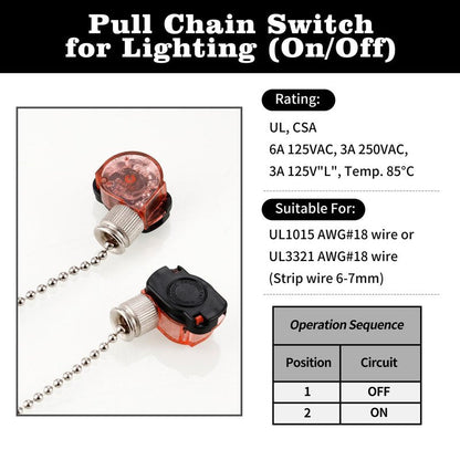 2 Pack Ceiling Fan Light Switch E87438, Pull Chain Switch for Hunter Ceiling Fans Lamp, Wall Lights, Cabinet Light and More, Two-Wire On-Off Lamp Switch, 11" Beaded Pull Chain, 3A 125VAC, 6A 250VAC
