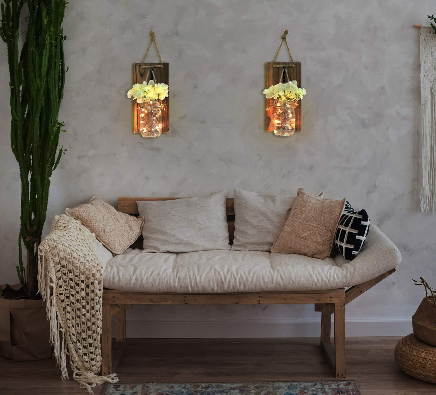 Greenco GRC2859 Rustic Wall Hung Mason Jar Sconce with Faux Flower and LED Strip Lights