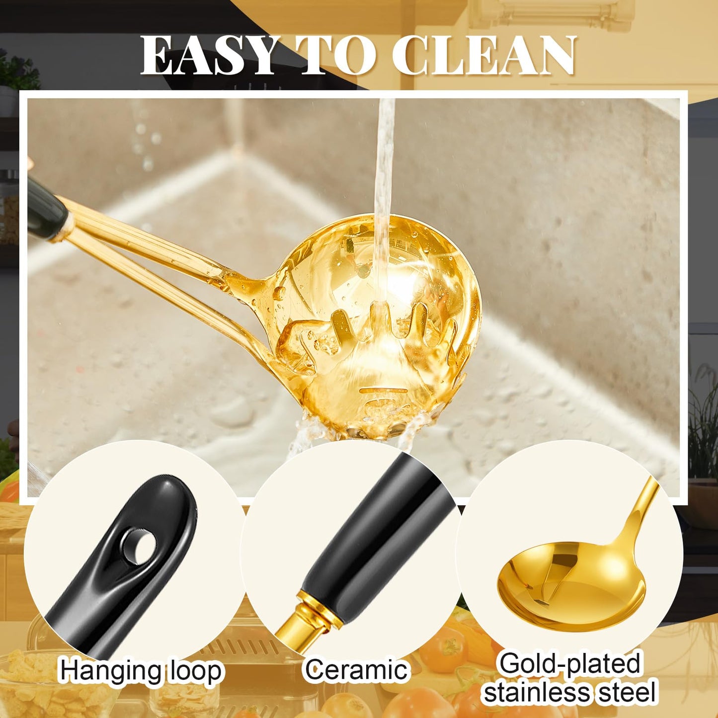 Blushtier 7 Pcs Black and Gold Cooking Utensils Set, Stainless Steel Kitchenware Gift with Hanging Shelf, Slotted Spoon, Slotted Spatula, Large, Soup Ladle, Spatula, Pasta Spoon, Easy to Clean